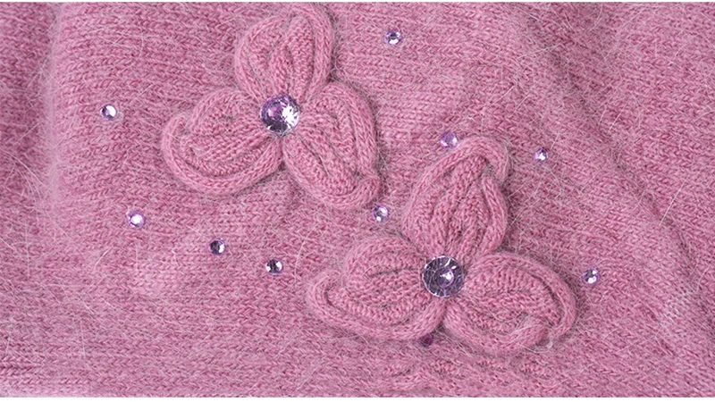 Women Beanie Knit Hat Angora Winter Warm Beret Double Layer Casual Soft Flower Stretchy Thermal Snow Outdoor Accessory (6)