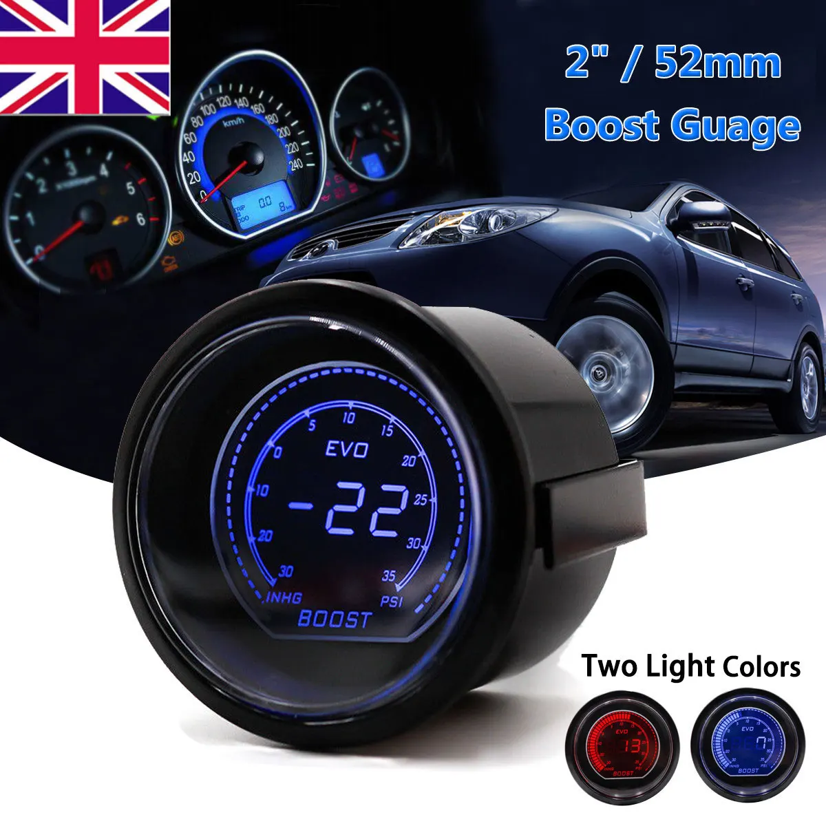 Excellent Boost Pressure Gauge Meter for Auto Car 2 inch 52mm Blue LED Light