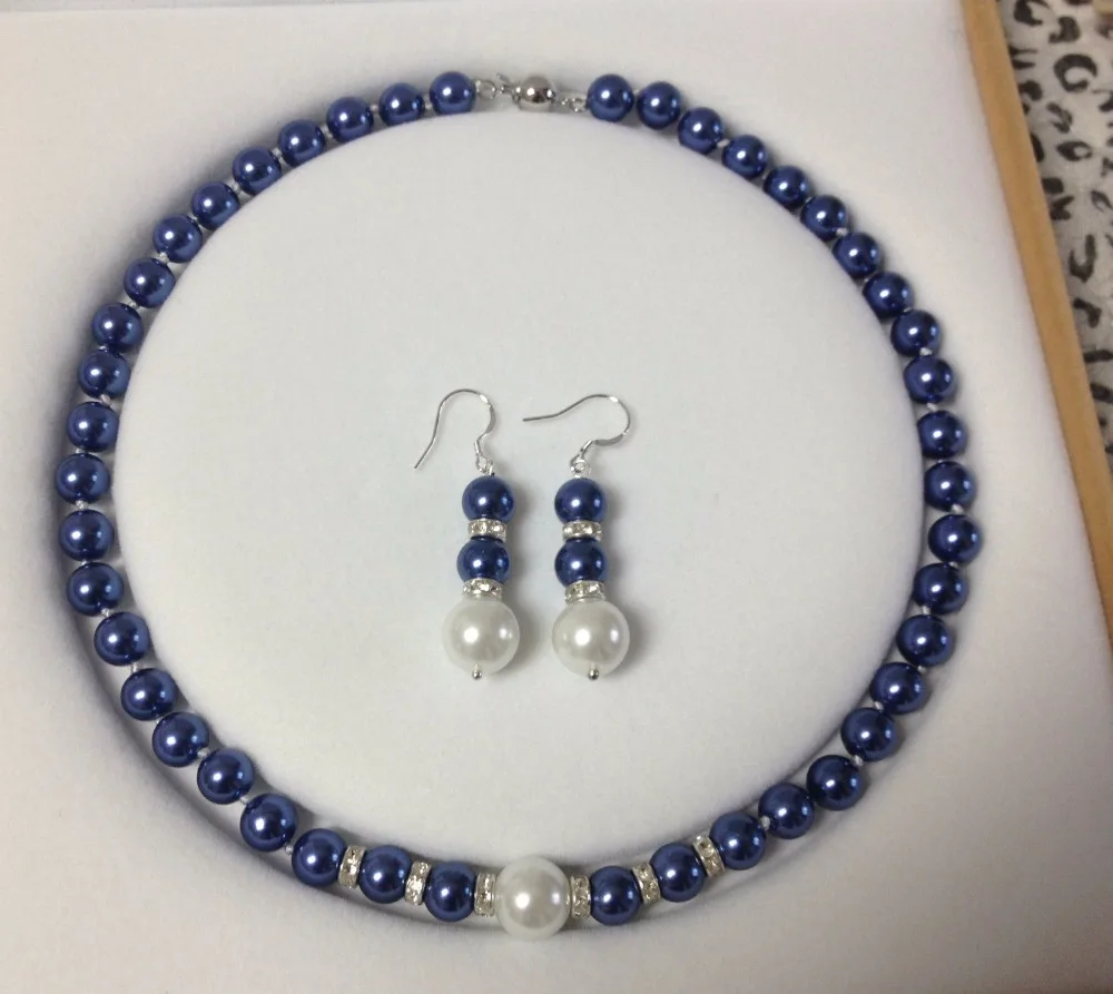 

New Arrival Charming Women Hot Sale 8-12mm Navy Blue Shell Pearl Necklace Chain Earring Set 18" Jewelry Wholesale and Retail