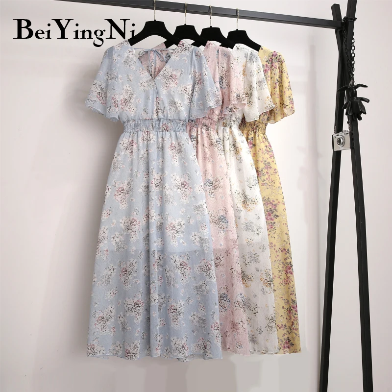 

Beiyingni 2019 V-neck Women Dress Hollow Out Short Sleeve Chiffon Floral Print Beach Boho Dresses 7Styles Elegant Retro Vestidos
