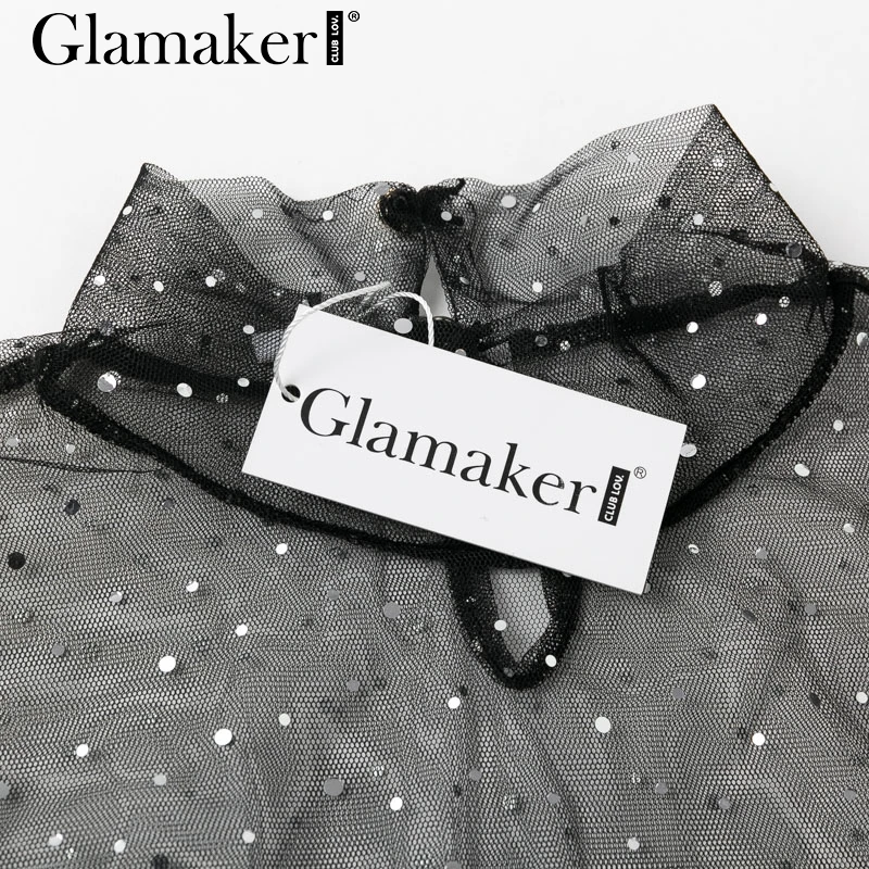 Glamaker, сексуальная сетчатая белая блузка, женская рубашка с длинным рукавом, прозрачная водолазка, блузка, летние женские вечерние, элегантные черные футболки