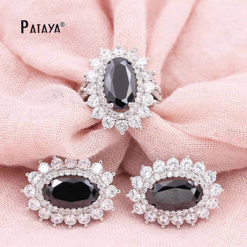 

PATAYA Wedding Crystal Jewelry Sets 925 Sterling Silver Round Natural Zircon Big Earrings Ring Accessories Egyptian Bride Jewelr