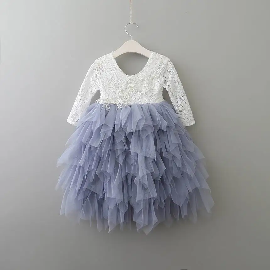 Платья принцессы для девочек; кружевное многослойное платье-макси из тюля с цветочным рисунком; детская одежда с длинными рукавами для свадебной вечеринки; E17104 - Цвет: gray applique