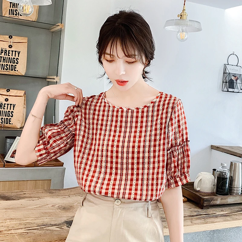  New Cute Women Shirts Plaid Short Sleeve Chiffon O-Neck Small Blouse Shirt Grey It All 588