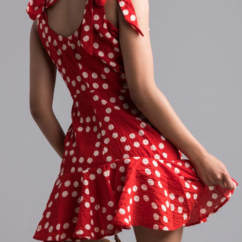 AKIRA Women's Tie Straps Crepe Knit Ruffle Hem Polka Dots Tank Mini Dress (1)