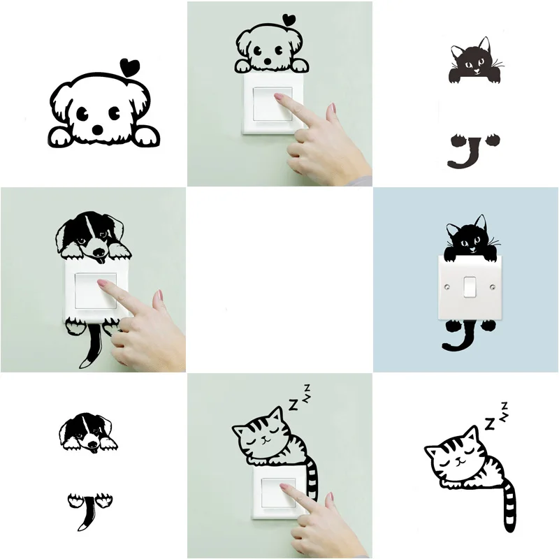 Cute Cats Dogs Stickers Switch Stickers For Wall Home Decoration Bedroom Interior DIY Decoration New