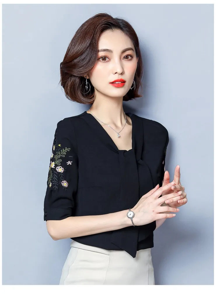 2018 New Arrival Lady Blouse Summer Fashion Shirts Floral Embroidered Tops Plus Size Short Sleeve Office Chiffon Blusas Feminina (8)