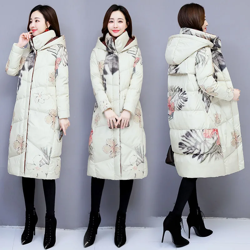 Winter Long Jacket Coat Women Parkas Thicken Warm Vintage Print Down Cotton Jacket Large Size Hooded Outerwear Female Basic Coat