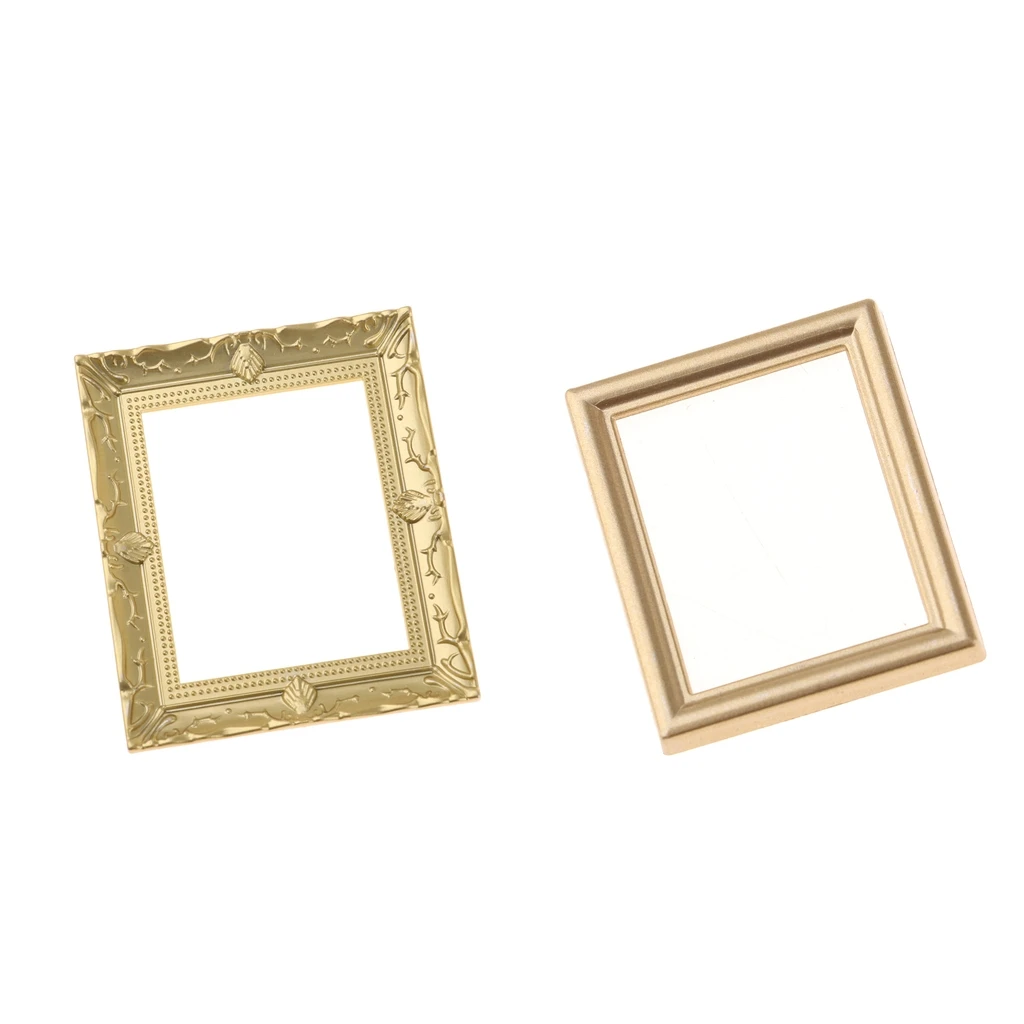 2 Pieces Miniature Mural Golden Picture Painting Photo Frames for 1/12 Dollhouse Living Room Bedroom Wall Decoration