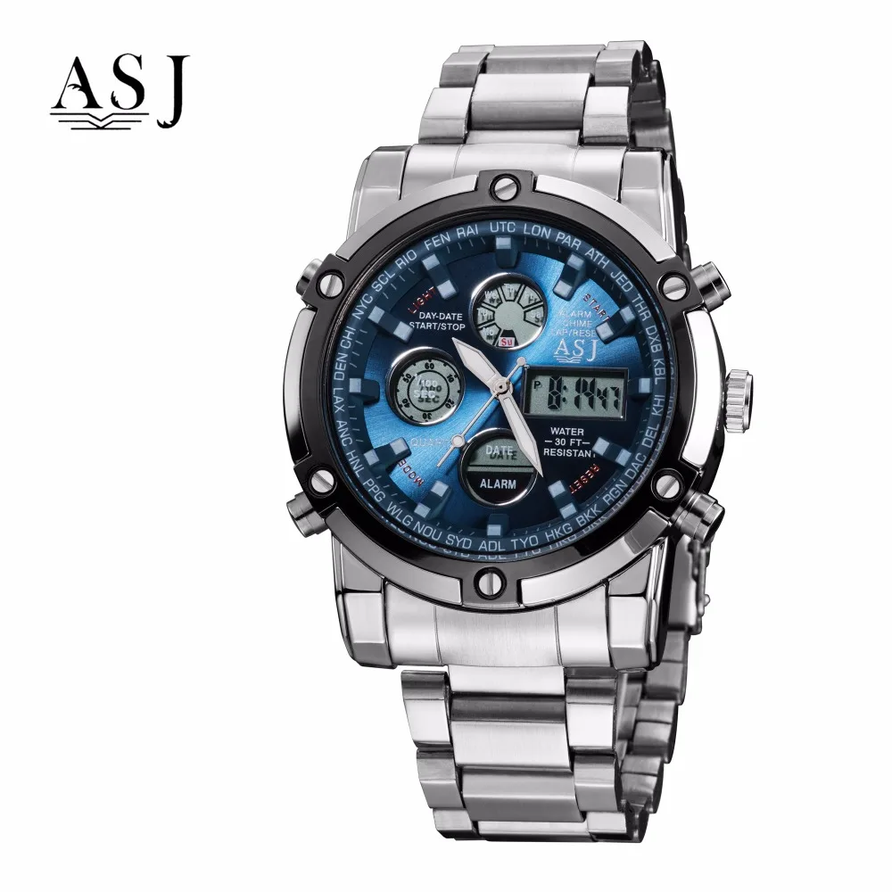 

ASJ New Dual Display Multi-Function QuartzElectronic Steel Watch Sports Watch Waterproof 30Bar Function Watch