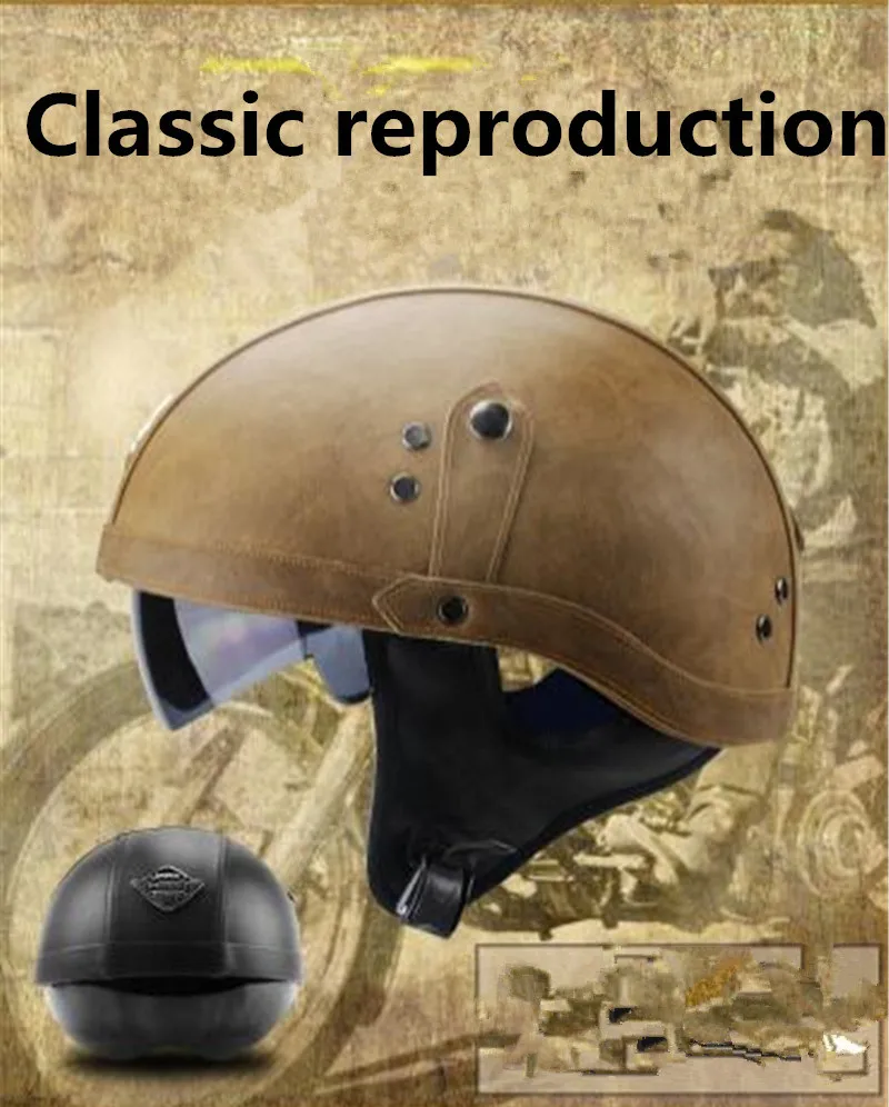 

Adult Motorcycle Vintage Harley PU Leather sun visor and Retractable Goggle Detachable Warm Collar Brown color M L