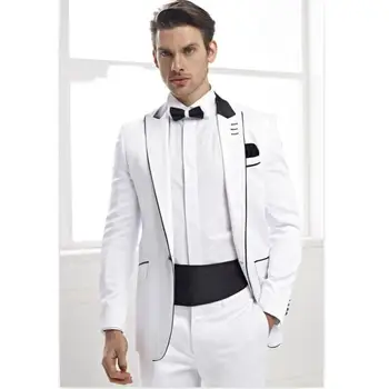 

Stylish White Wedding Bridegroom Tuxedos Groomsmen Business Suit Jacket Men Wedding Suits Two Pieces (Jacket+Pants+Girdle)