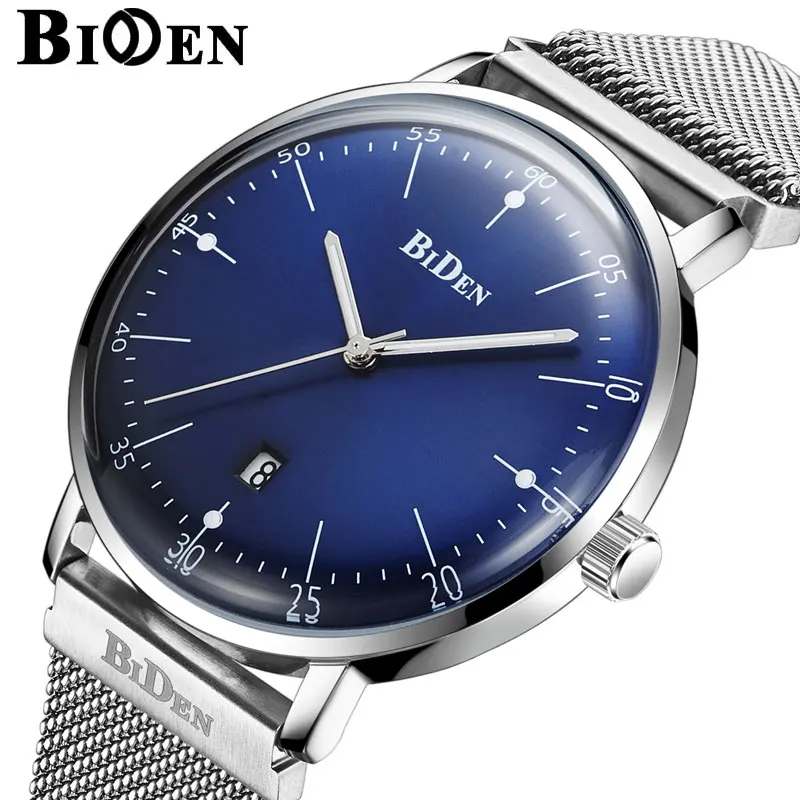 

BIDEN Auto Date Men Quartz Watch Stainless Steel Mesh Band Watches Fashion Slim Man Watches Male Relogio Sport Wristwatches