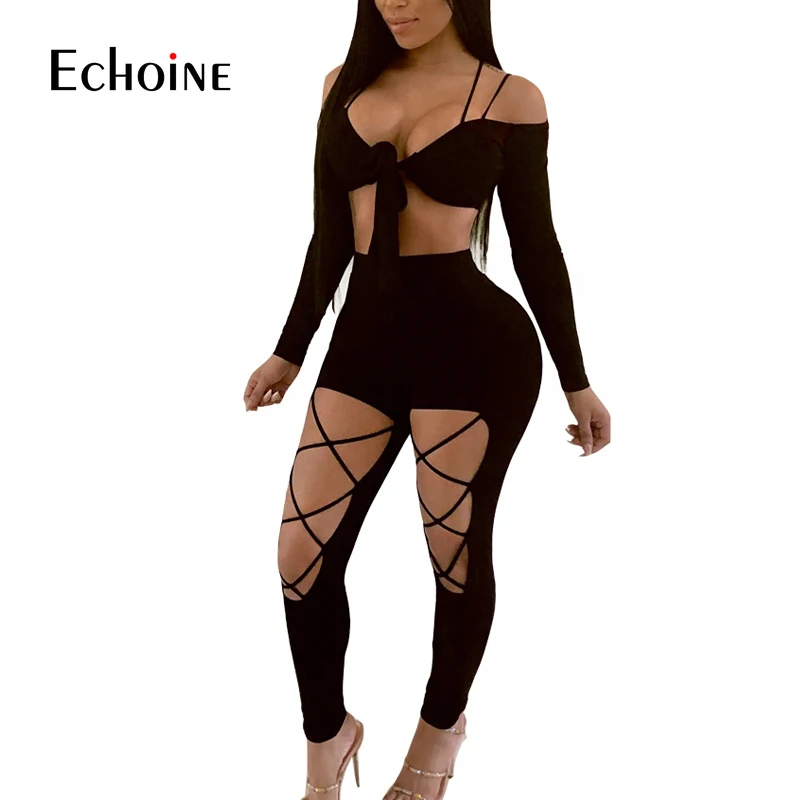 

2019 Summer Nightclub Party 2 Piece Sets Women Outfits Bow Tie Crop Top and Hollow Out Pant Set Sexy Two Piece Set Top and Pants