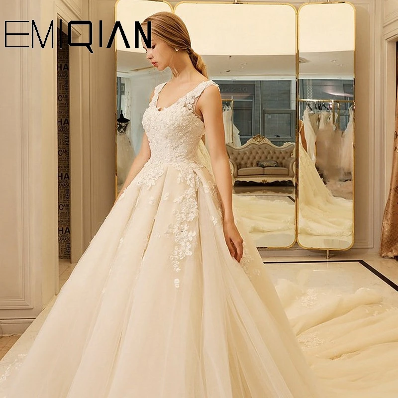 Beaded Tulle Lace Ball Gown Chapel Train Wedding Dress