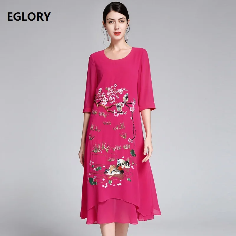 

High Quality Brand Chiffon Dress 2019 Spring Summer 1950s Style Women Floral Birds Embroidery 3/4 Sleeve Mid-Calf Vintage Dress