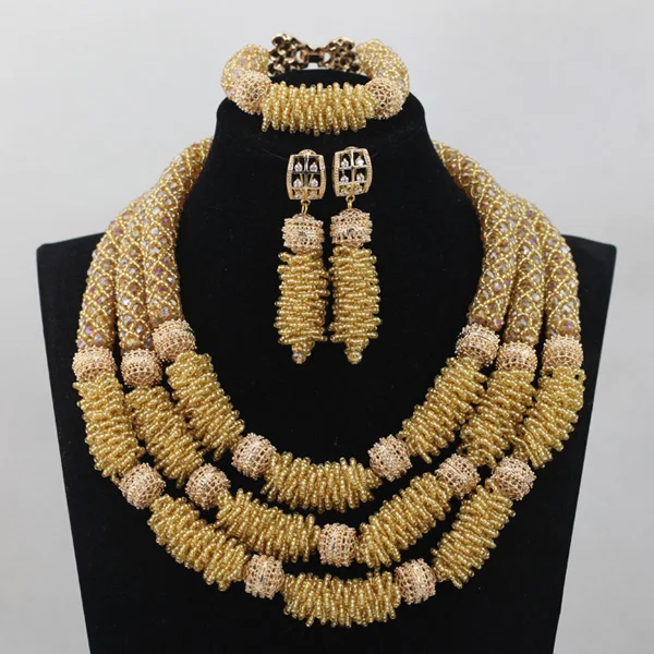New Champagne Gold 18K African Wedding Nigerian Beads Jewelry Set Women Costume Anniversary Jewelry Set New