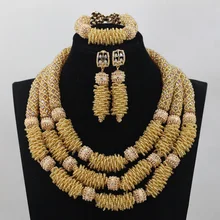 New Champagne Gold 18K African Wedding Nigerian Beads Jewelry Set Women Costume Anniversary Jewelry Set New