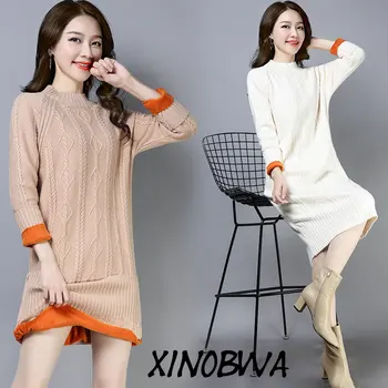 

Europe New Women Winter High Street Fashion O Neck Long Sleeve Plus Velvet Knitted Pullover Sweater Dress Female Plus Size Dress