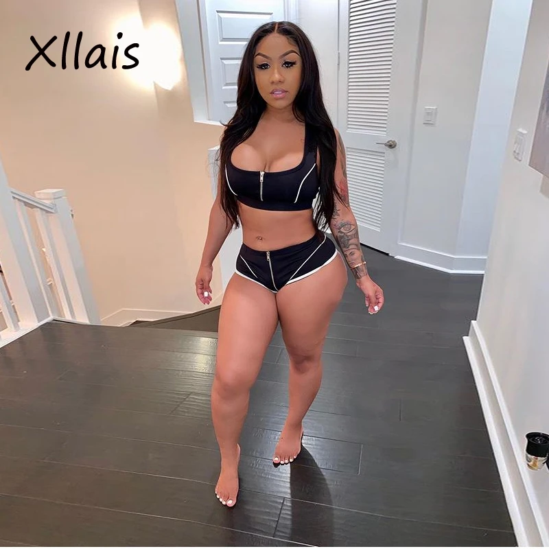 

XLLAIS Biker Style Female Fitness Two Pieces Set 2018 Sleeveless Zipper Patchwork Tank Tops And Tight Shorts Suits Matching Sets
