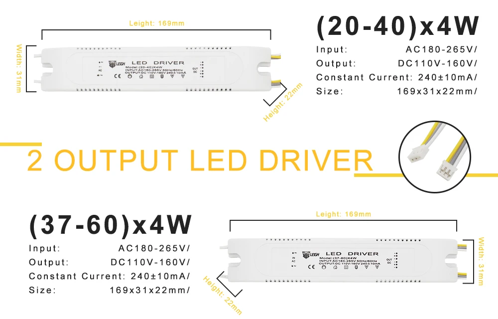 Переменный ток 180-265 в светодиодный драйвер 2 выхода 240 мА Постоянный ток 20 Вт* 2 60 Вт* 2 светодиодный потолочный светильник источник питания Трансформаторы освещения CE