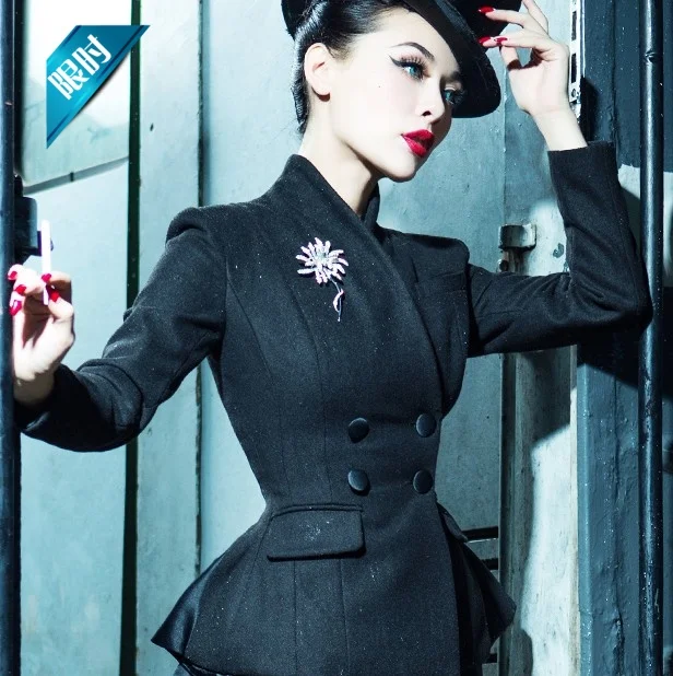 35-Женское зимнее винтажное шерстяное пальто с баской, 50 s, черная куртка pinup размера плюс 4xl manteau femme blazer