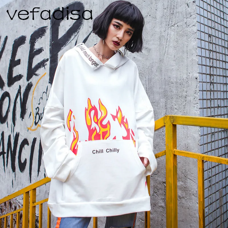 

Vefadisa 2018 Print Autumn Tops Long Sleeve Women Loose Sweatshirt Fire Pattern Pullovers Plus Size Hooded Sweatshirts AD1787