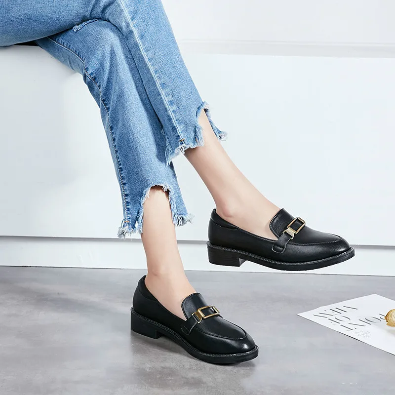 New Women Flat Shoes Round Toe Lace-Up Oxford Shoes Woman Genuine Leather Brogue Women Platform Shoes Women Loafers
