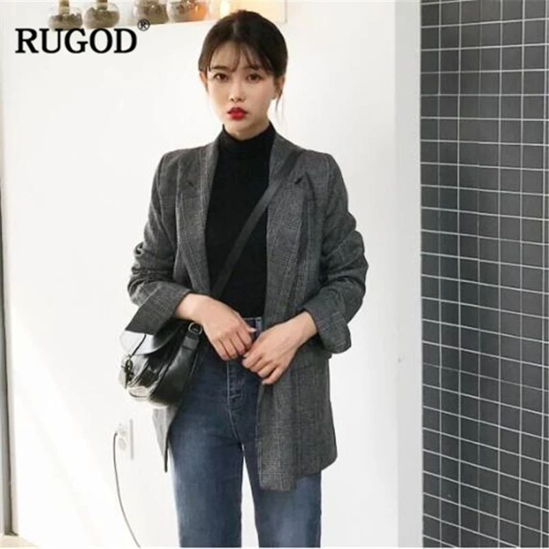 RUGOD новые клетчатые костюмы для досуга Для женщин с длинным рукавом блейзеры с вытачками Для женщин Модный повседневный костюм для женщин Для женщин костюмы офисные наборы для ухода за кожей