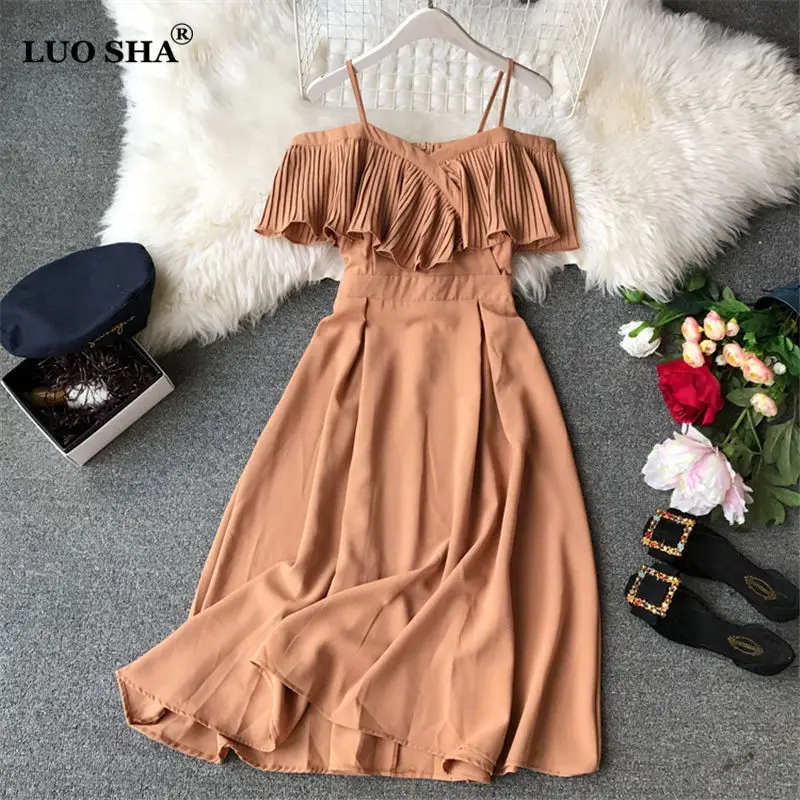 

LUOSHA 2019 Summer Women Spaghtti Strap Dress Off Shoulder Slash Neck Pleated Ruffles A Line Sexy Party Dress Beach Vestidoes