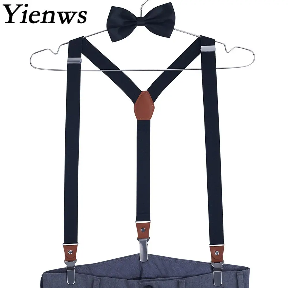 

Yienws Mens Suspenders And Bow Tie Adult 3 Clip Button Pants Braces Suspensorio Women Pink Red Suspenders Bowtie Set YiA036