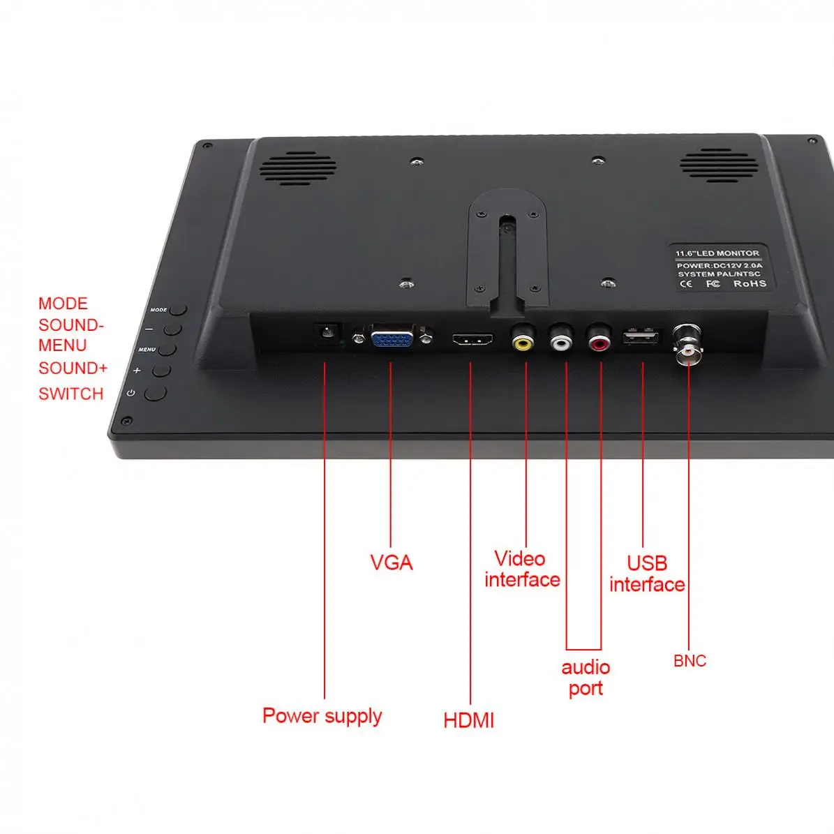 11.6 Inch HD IPS TFT LCD Car Monitor TV Computer MP5 Player 2 Channel Video Input Security Monitor with Speaker AV BNC VGA HDMI