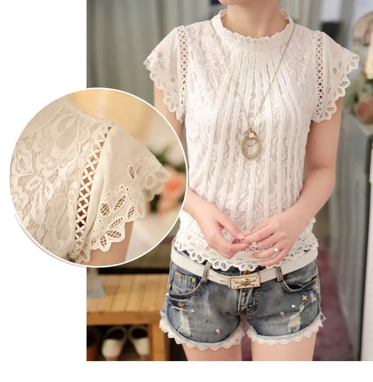 New 2016 Summer Fashion elegant solid Women Blouses Petal Sleeve Lace Chiffon O-neck Plus Size Shirt Tops 01C 35 22