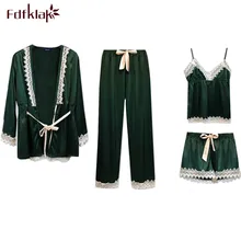 Fdfklak высококачественные кружевные атласные четыре пижамы наборы Весна Лето Новая женская домашняя одежда для сна пижамы тонкие сексуальные пижамы