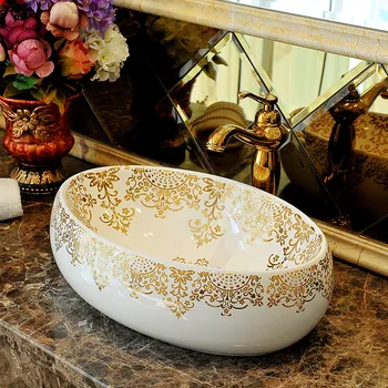 

China Artistic Handmade Ceramic Bathroom Sinks Lavobo oval Counter top table top basin bathroom sink