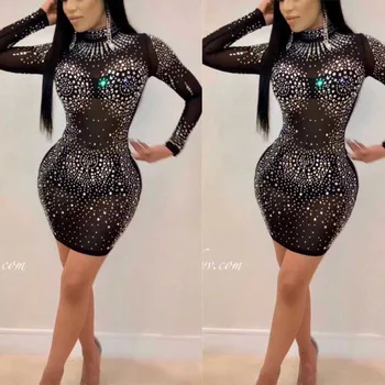 

Wholesale 2019 new dress Black long sleeve Rhinestone Fashion mini Sexy Celebrity boutique party Dress(H2637)