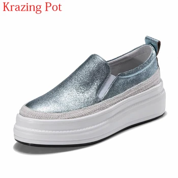 

New Arrival Sheep Skin Platform Loafers Sneakers Casual Shoes Round Toe Slip on Loafer Thick Bottom Women Vulcanized Shoes L64