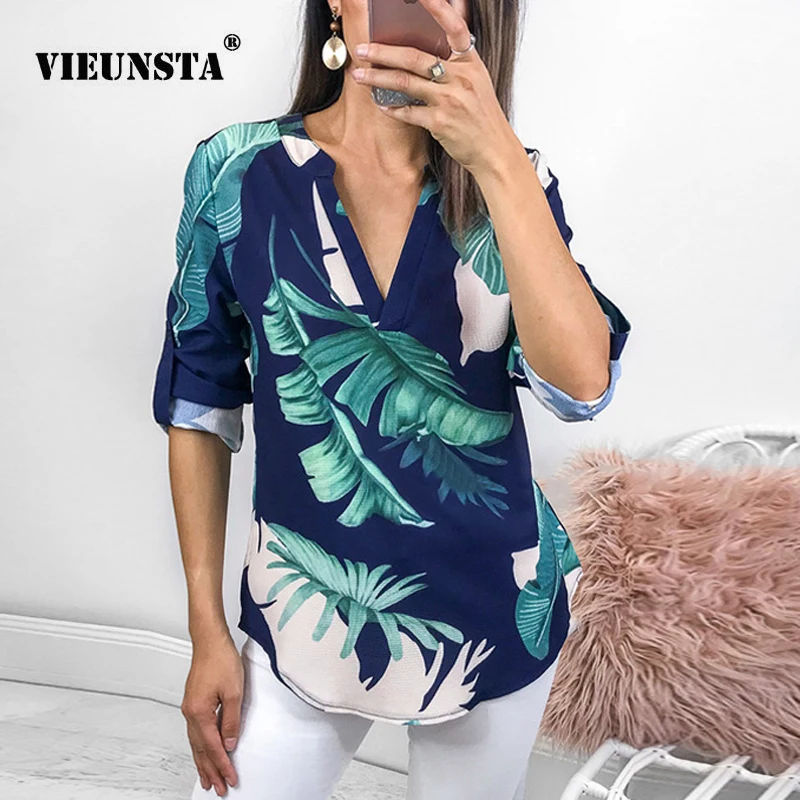 

VIEUNSTA Sexy V Neck Floral Print Women Blouse Fashion Adjustable Half Sleeve Irregular Autumn Shirts Ladies Casual Blusas Tops