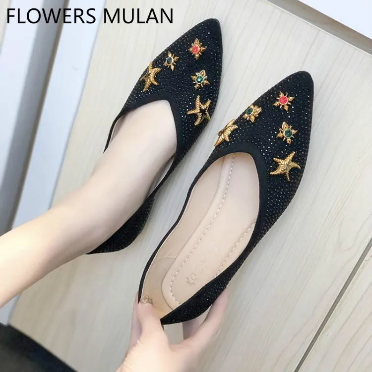 

Brand Designer Slip On Shoes For Women Spiked Rivets Upper Girl Loafers With Colorful Rhinestone Metallic Star Shoes Woman Mules