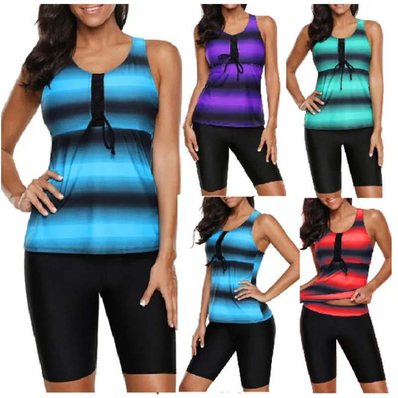 Preise Plus Größe 5XL Badeanzug Bikinis Set Tankini mit Shorts Halbe Länge Hosen Frauen Bademode Große Größe Badeanzug Abdeckung Ups strand