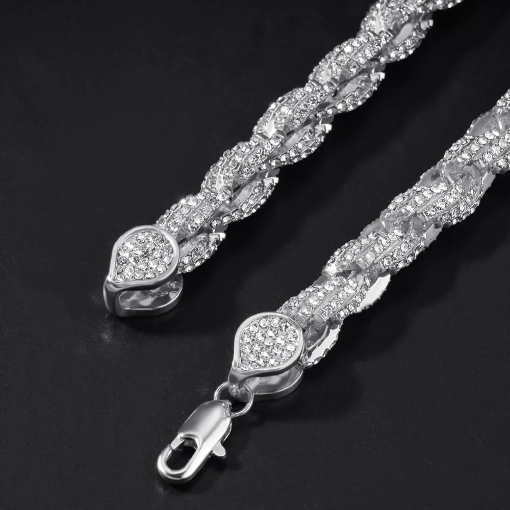 Skup UWIN 9mm Rope Chain naszyjnik srebrny różowe złoto złoty kolor Iced Out dżetów Hiphop naszyjniki biżuteria mężczyźni kobiety Drop Shipping