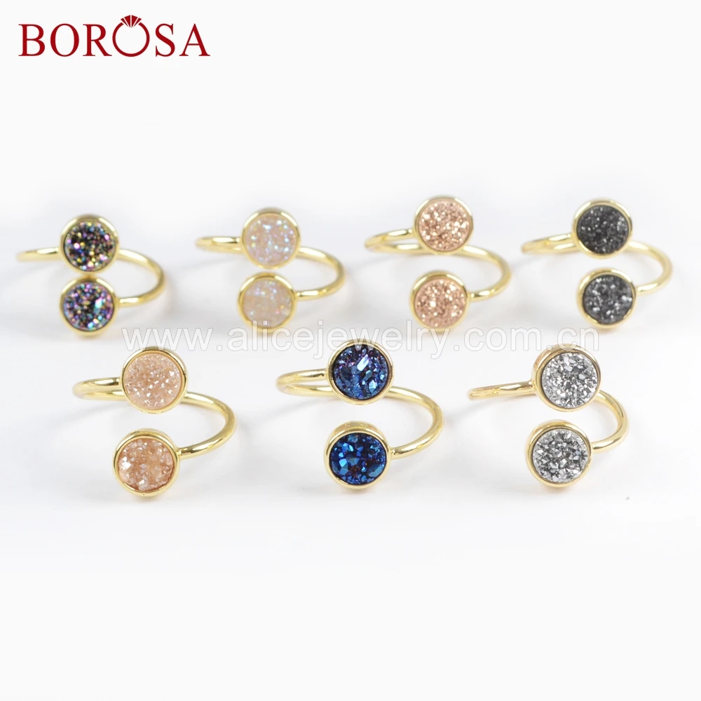 

BOROSA 5/10PCS 9mm Double Round Stone Gold Bezel Natural Agates Titanium Rainbow Druzy Ring Adjustable Rings Jewelry ZG0363