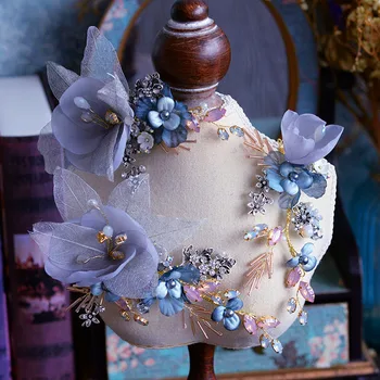 

3 pieces Handmade Baroque Blue Brides Flower Barrettes European Brides Hairbands Wedding Hair Accessory Rhinestone Hair Jewelry