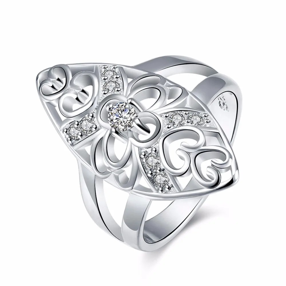 Gem Ring Inlaid CZ Zircon Women Crystal Accessories Silver Plated Flower Pattern Statement Trendy Brand Jewelry Wholesale Gifts | Украшения