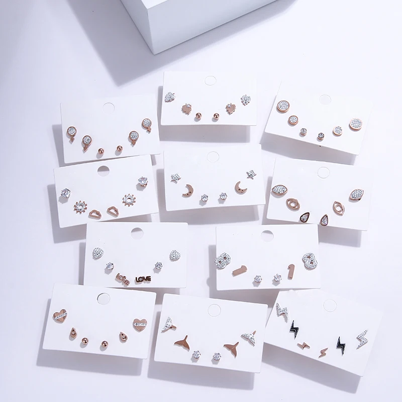 Yhpup Мода 3 пар/компл. Нержавеющая сталь минималистский серьги-гвоздики Стразы Луна Звезда Сердце геометрические серьги для Женская Праздничная обувь