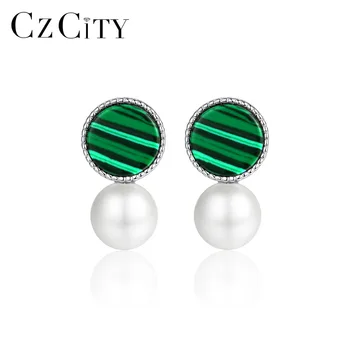 

CZCITY Real 925 Sterling Silver Turquoise Stud Earrings for Women Fine Jewelry Simulated Pearl Boucles D Oreille Femme SE0401