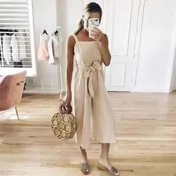 

2019 Summer Belt Casual Jumpsuit Solid Spaghetti Lace-Up Playsuit Sashes O-Neck Bow Loose Bodysuit
