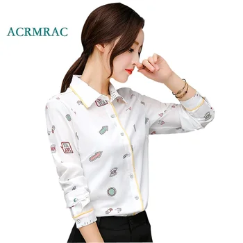 

ACRMRAC Women's shirts New style summer Solid color white Chiffon printing Slim Long sleeve Business OL Formal shirt