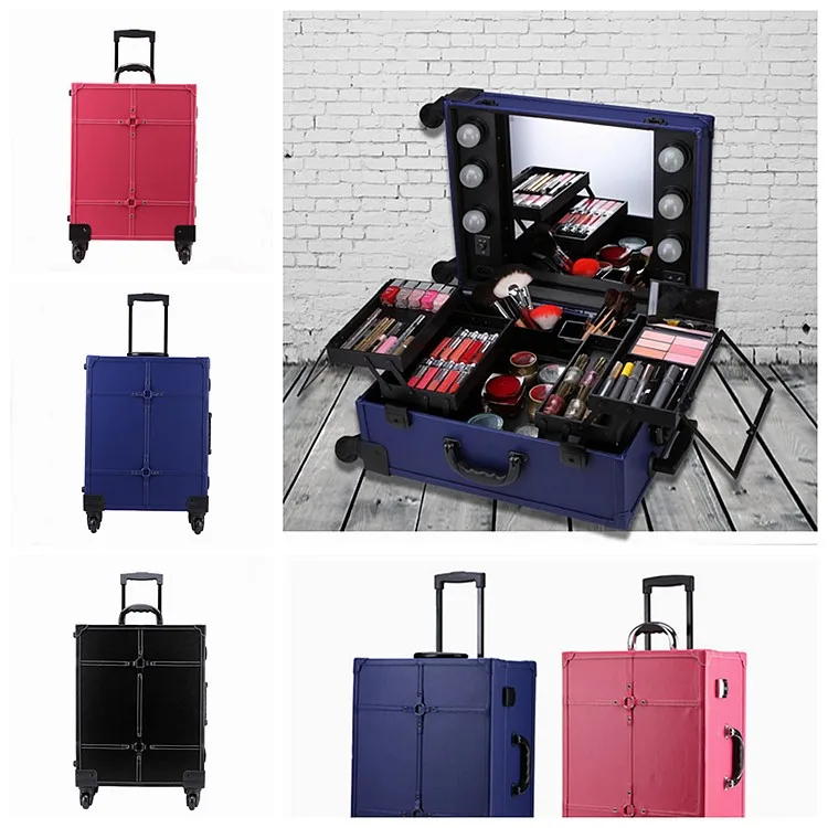 

Rolling Studio Makeup Artist Cosmetic Case with LED Light Mirror Black Pink 50x40x23cm