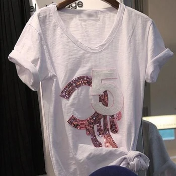 

T-Shirt V-collar short-sleeved female 2019 summer suit new Korean loose white bamboo section cotton half sleeve